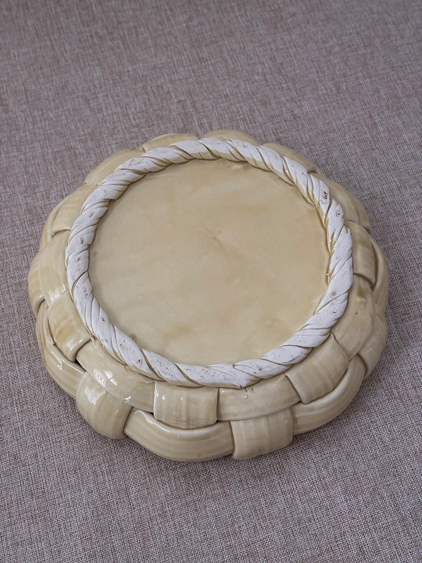 Vintage Butter Yellow Ceramic Weave Bowl | Sculptural Basket Bowl