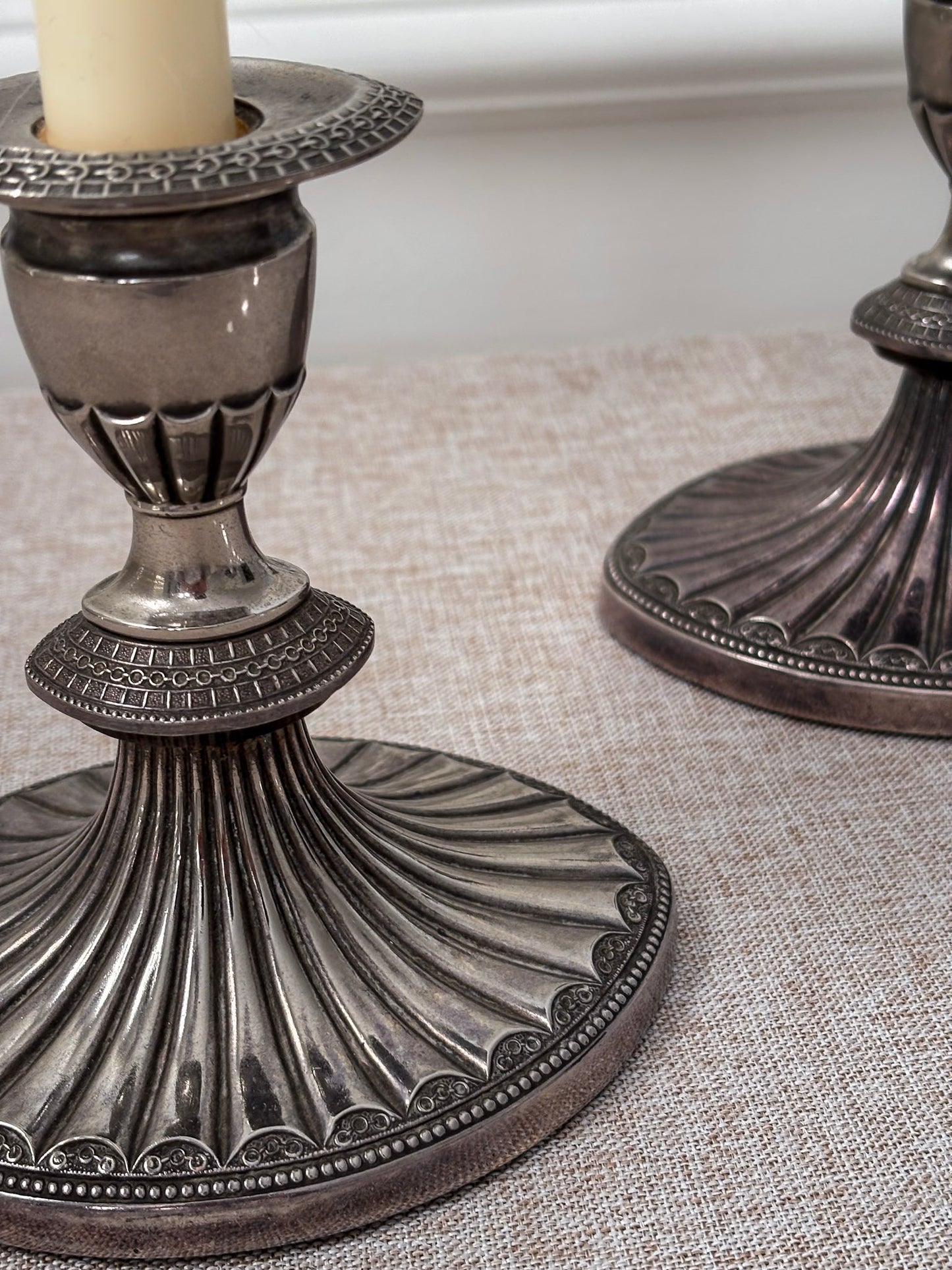 Silver-Plated Candlesticks, Fluted Oval Base with Decorative Drip Tray, Classic Pair