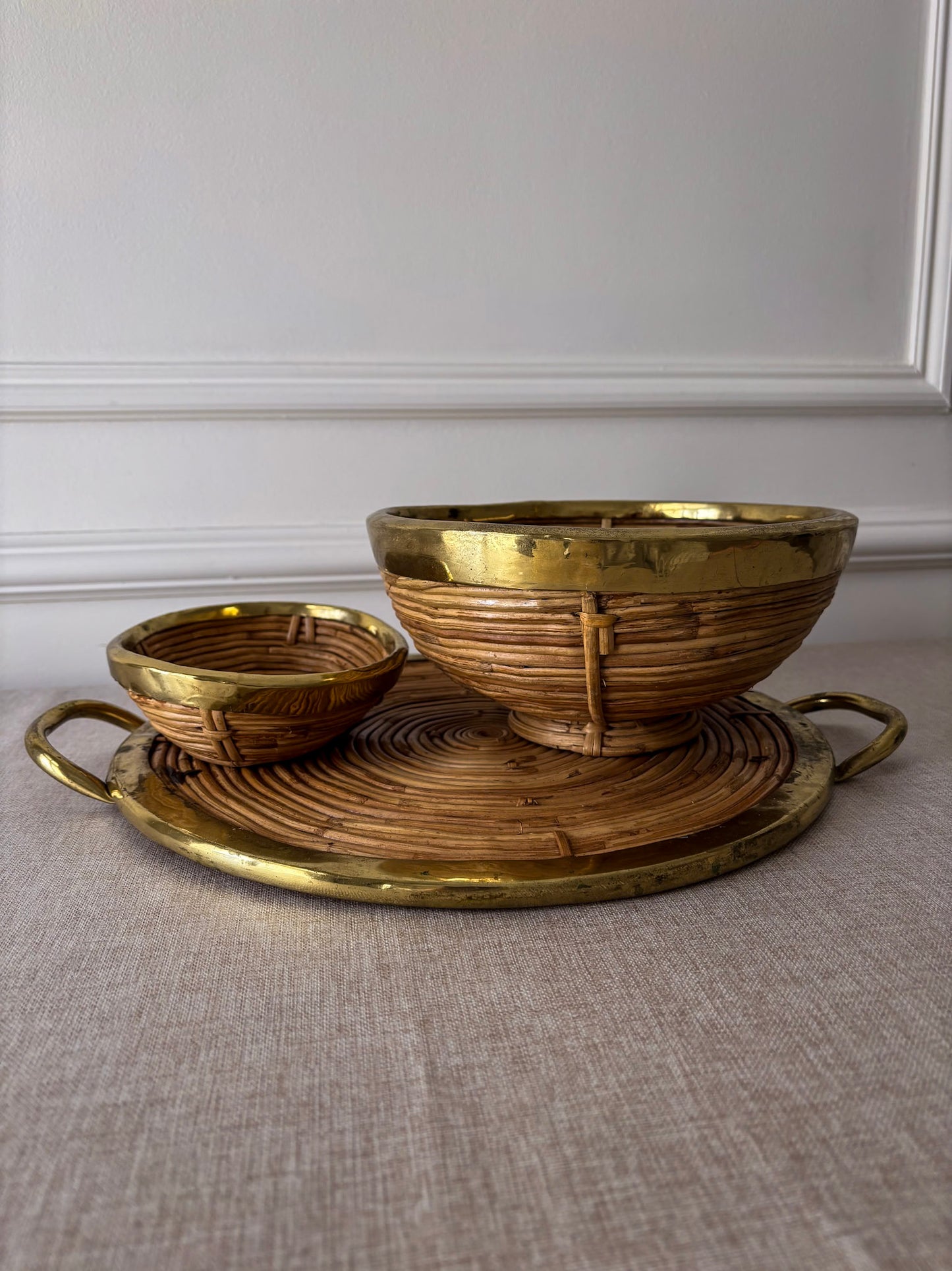 Vintage Brass & Rattan Serving Tray and Bowl Set | 1970s Italian Style Barware