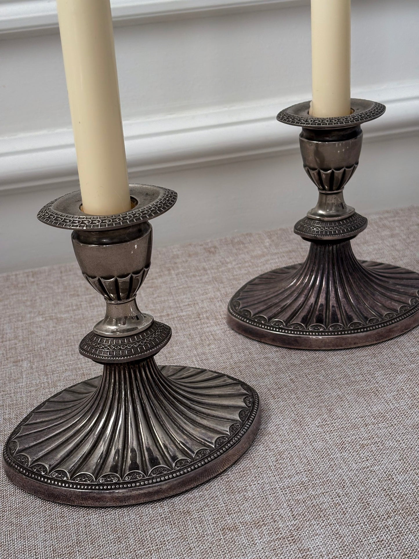 Silver-Plated Candlesticks, Fluted Oval Base with Decorative Drip Tray, Classic Pair