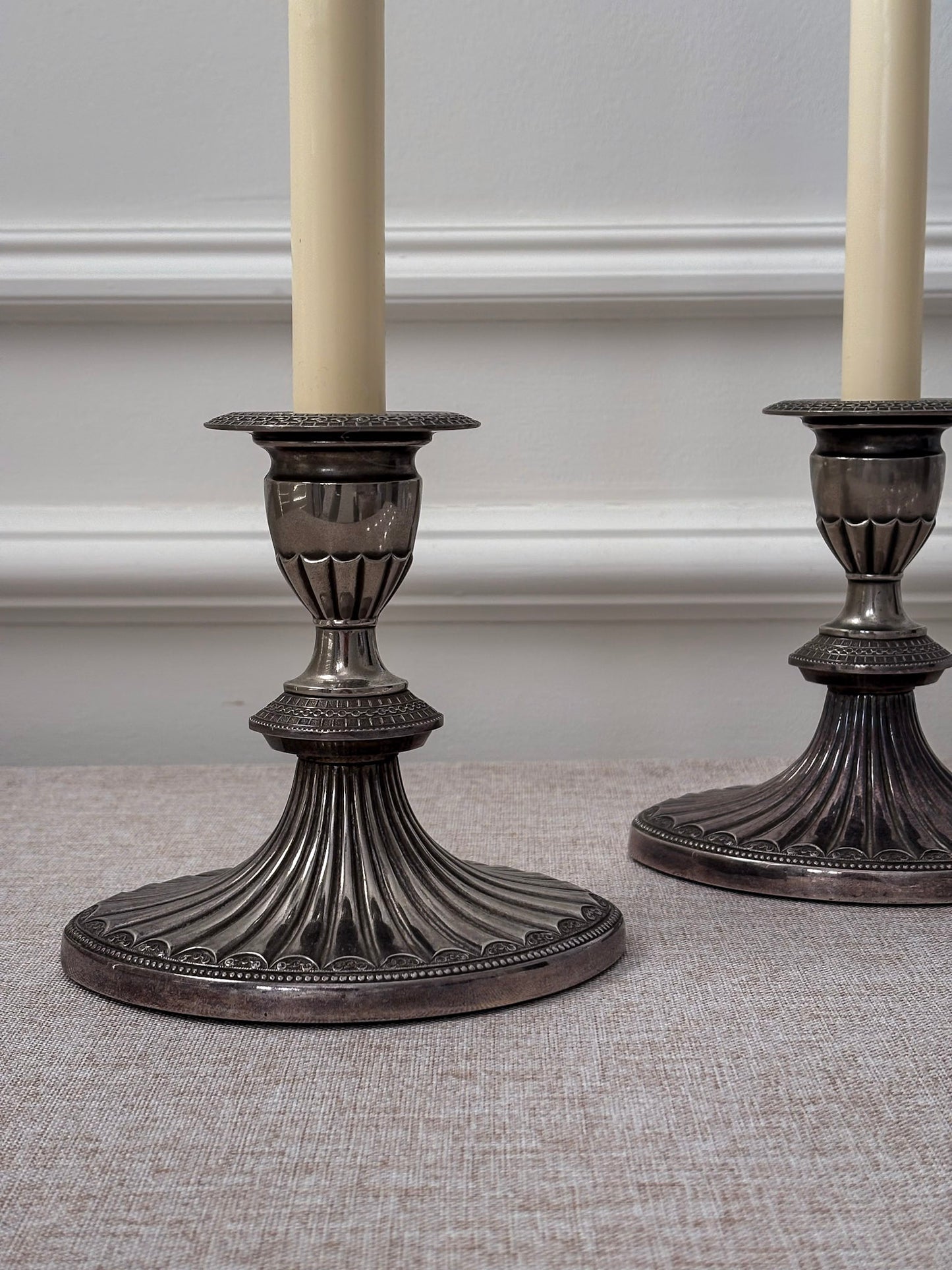 Silver-Plated Candlesticks, Fluted Oval Base with Decorative Drip Tray, Classic Pair