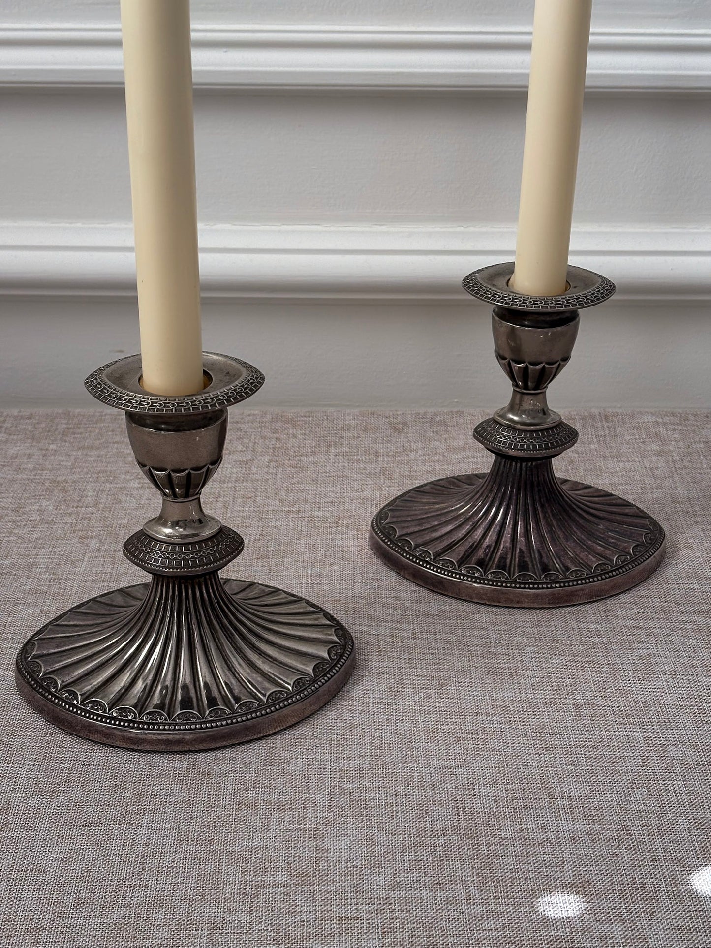 Silver-Plated Candlesticks, Fluted Oval Base with Decorative Drip Tray, Classic Pair