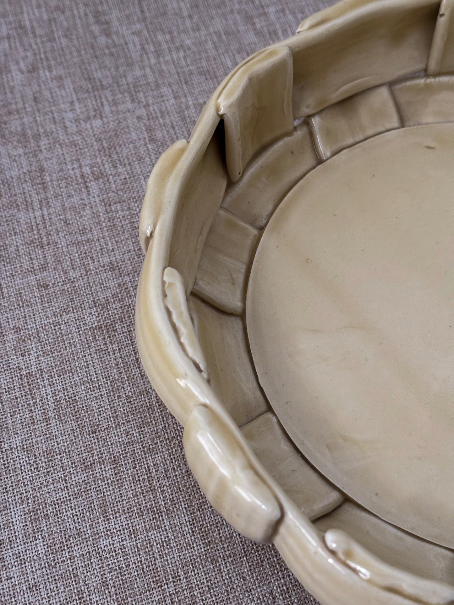 Vintage Butter Yellow Ceramic Weave Bowl | Sculptural Basket Bowl