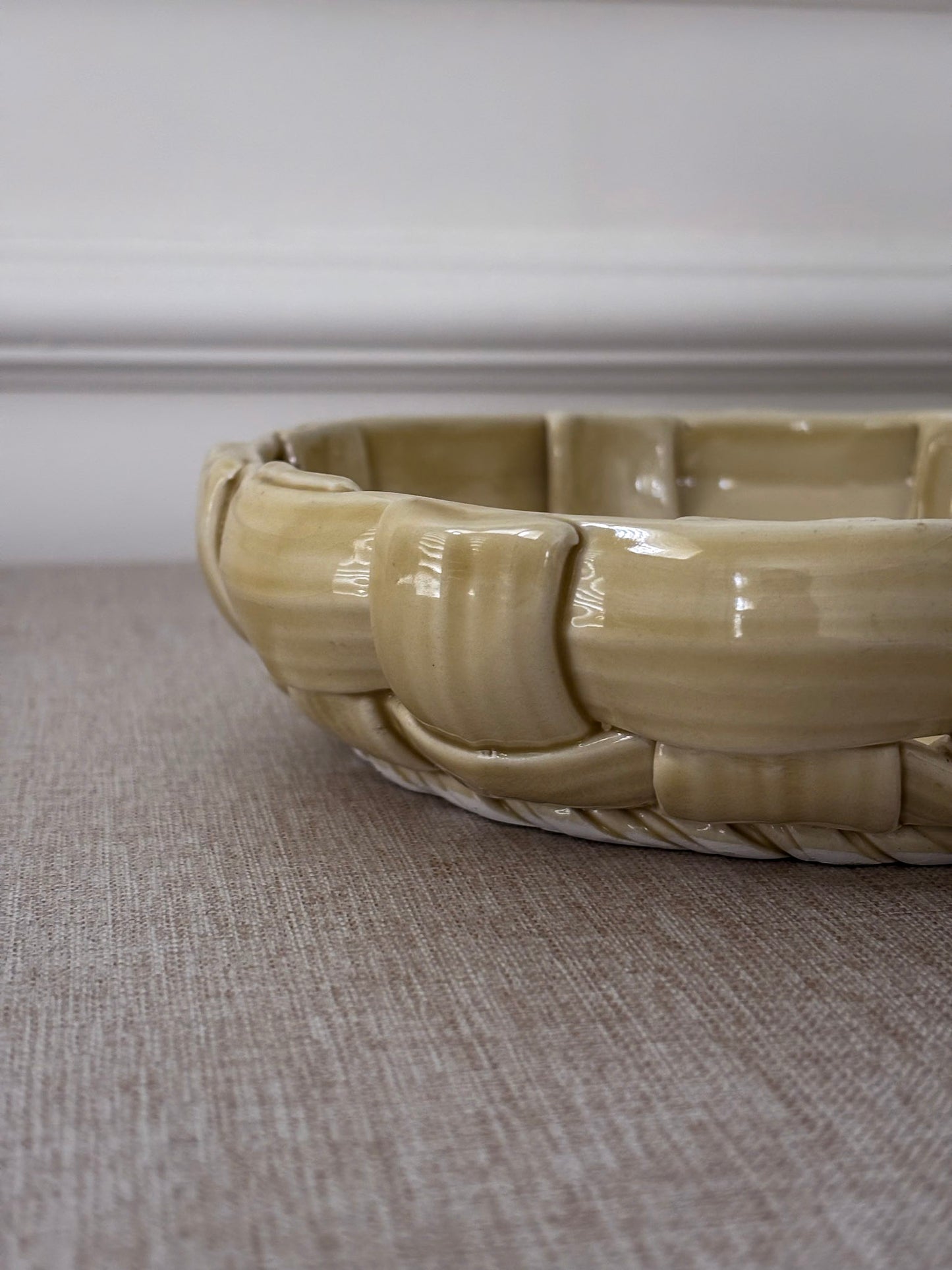 Vintage Butter Yellow Ceramic Weave Bowl | Sculptural Basket Bowl