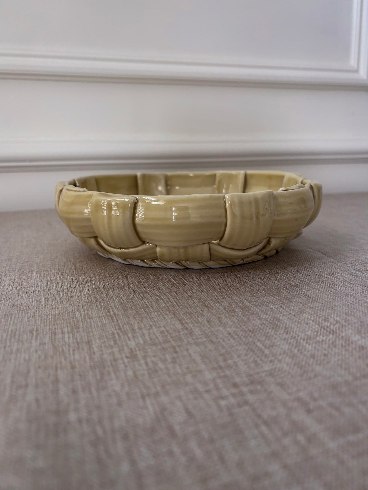 Vintage Butter Yellow Ceramic Weave Bowl | Sculptural Basket Bowl