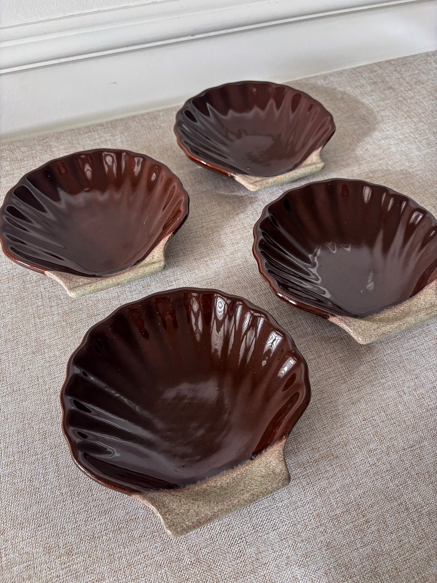 French Ceramic Scallop Shell Dishes - Brown Glaze
