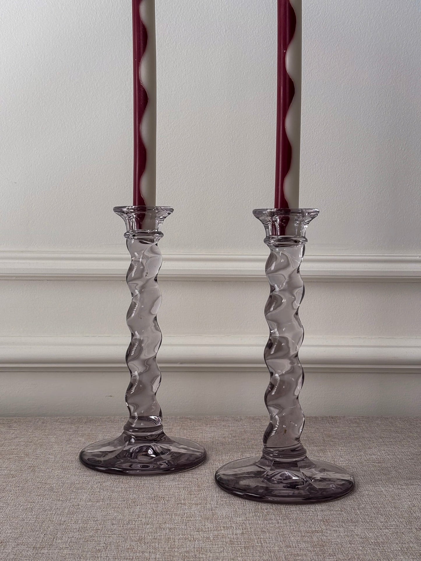 Glass Twist Candlesticks, Pair of Sculptural Spiral Stem Candle Holders