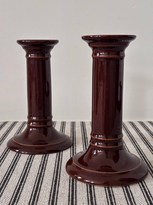 Mid-Century Brown Ceramic Candlestick Holders