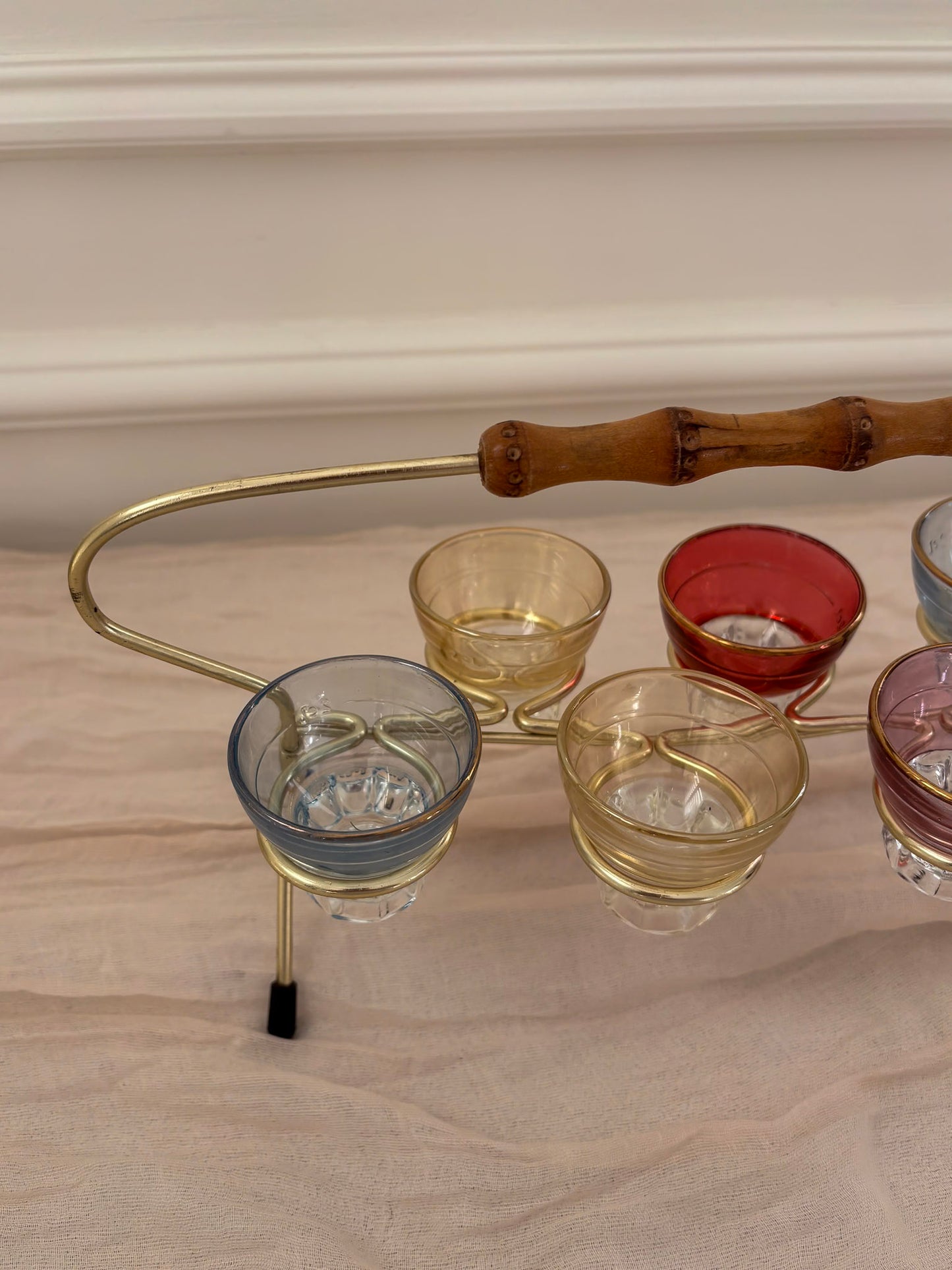1950s Harlequin Shot Glass Set with Caddy & Bamboo Handle