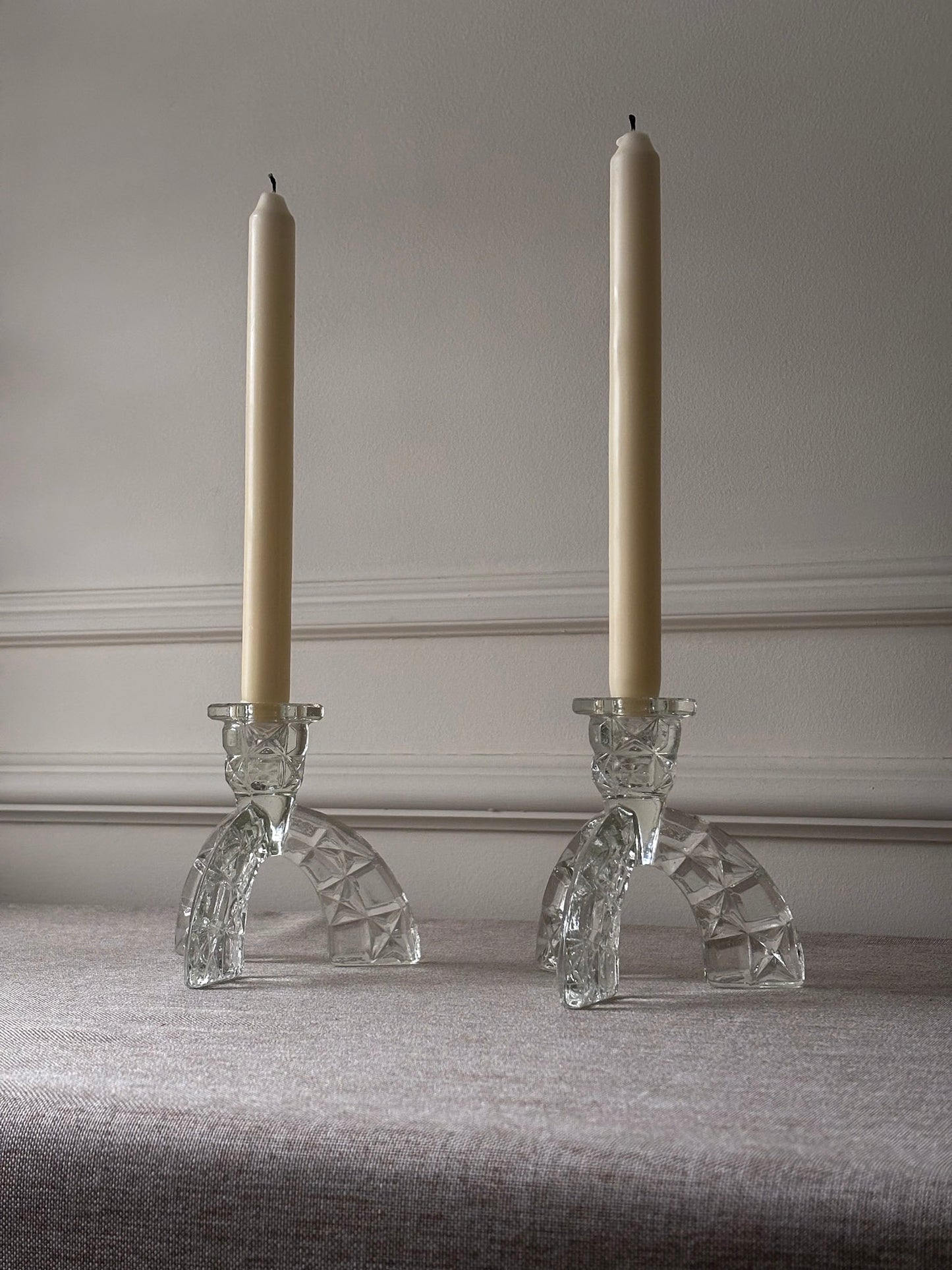 1930s Art Deco Pressed Glass Candlesticks - Pair