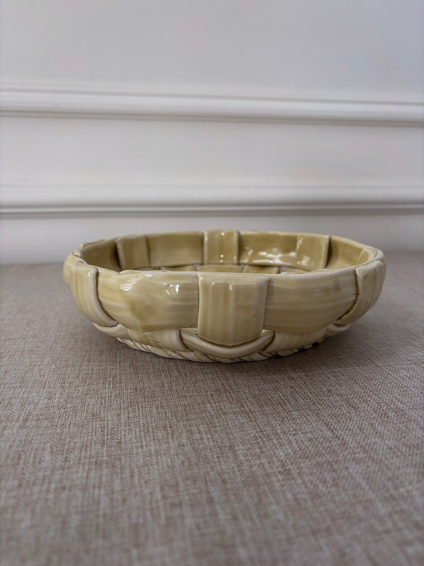 Vintage Butter Yellow Ceramic Weave Bowl | Sculptural Basket Bowl