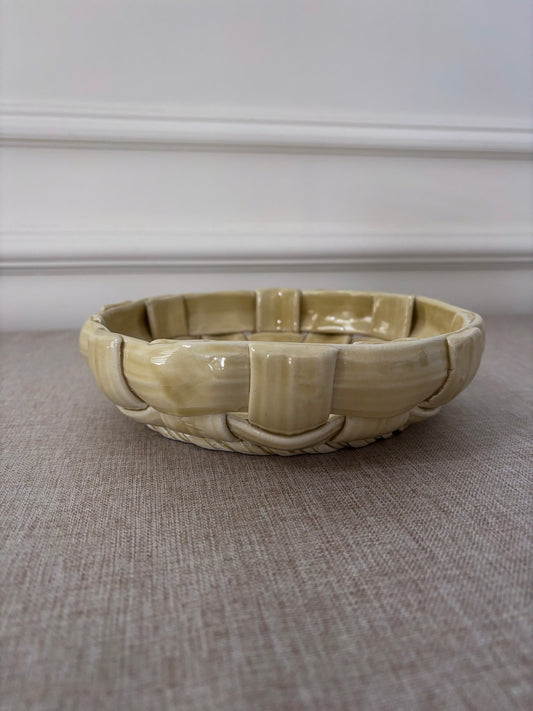 Vintage Butter Yellow Ceramic Weave Bowl | Sculptural Basket Bowl