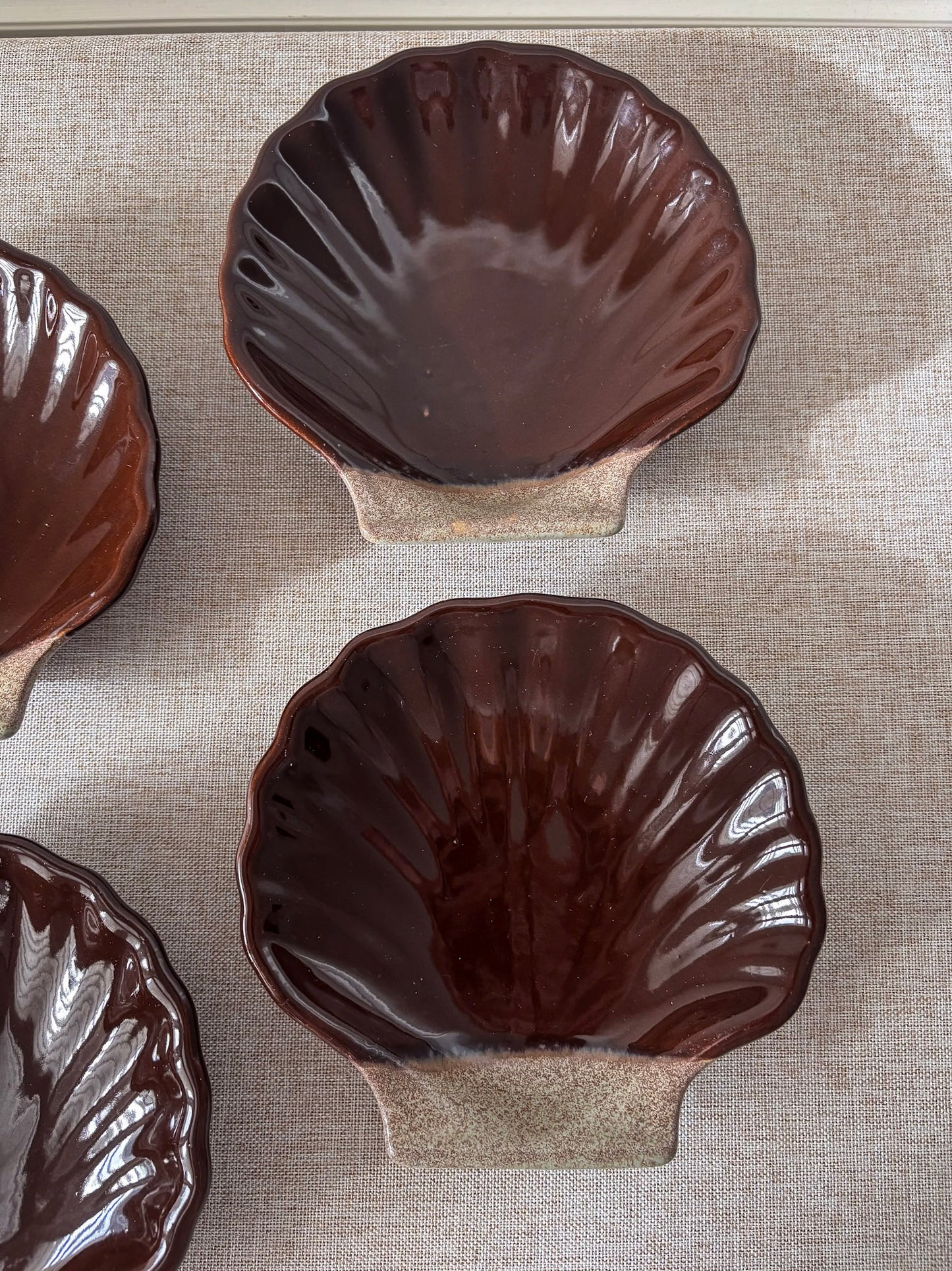French Ceramic Scallop Shell Dishes - Brown Glaze