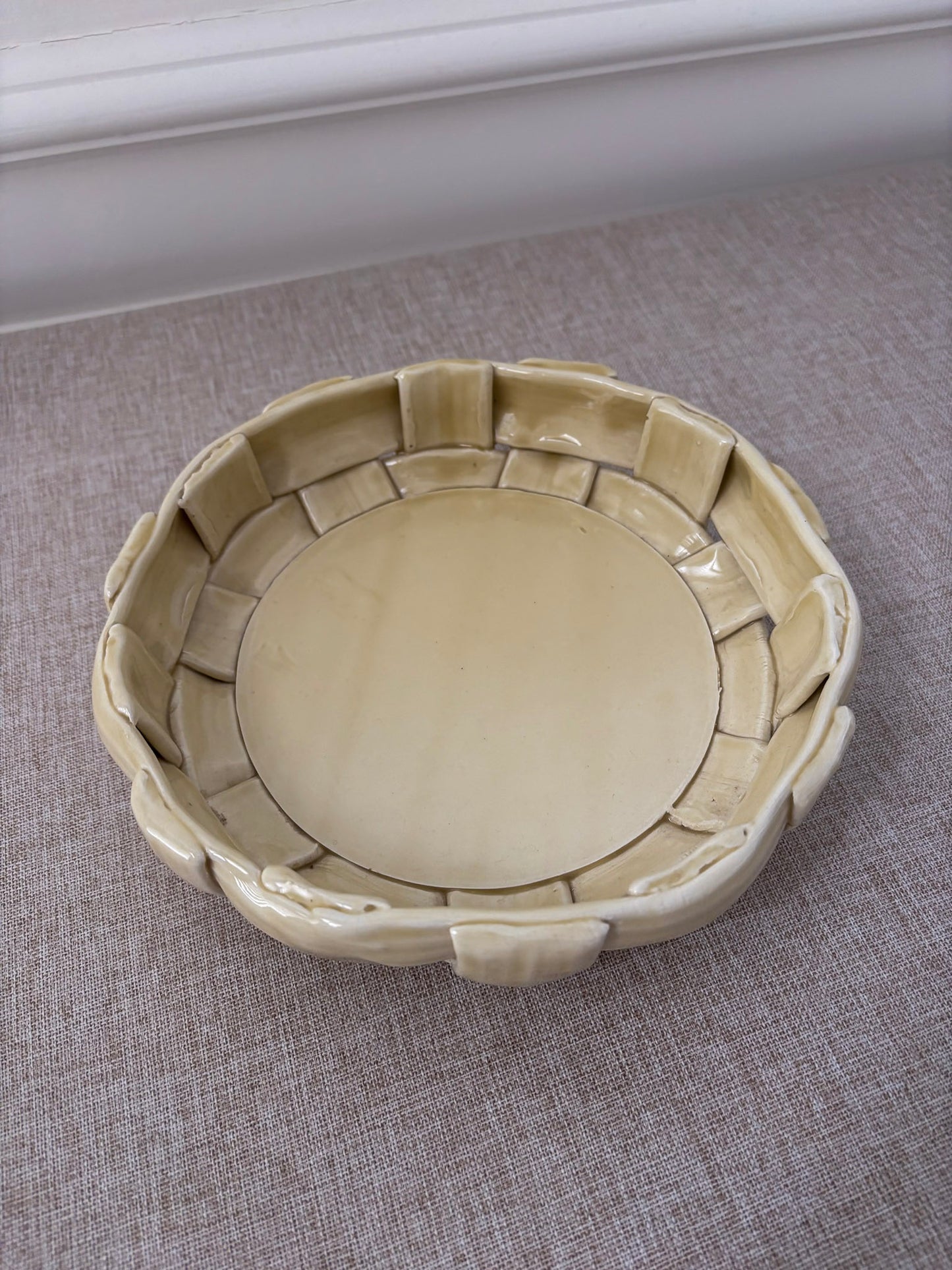 Vintage Butter Yellow Ceramic Weave Bowl | Sculptural Basket Bowl