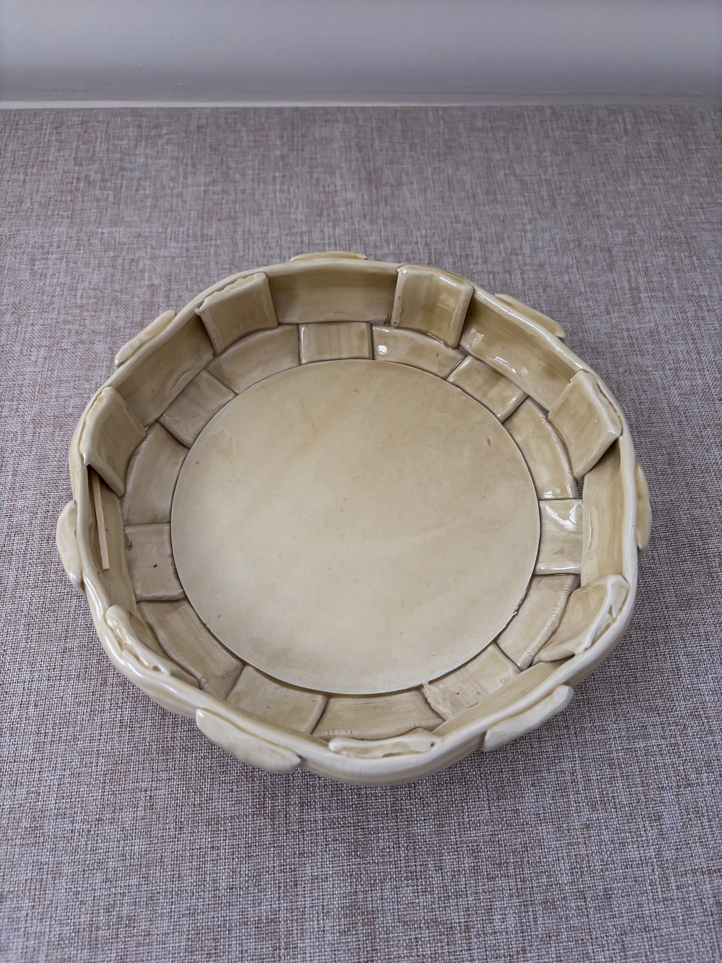 Vintage Butter Yellow Ceramic Weave Bowl | Sculptural Basket Bowl