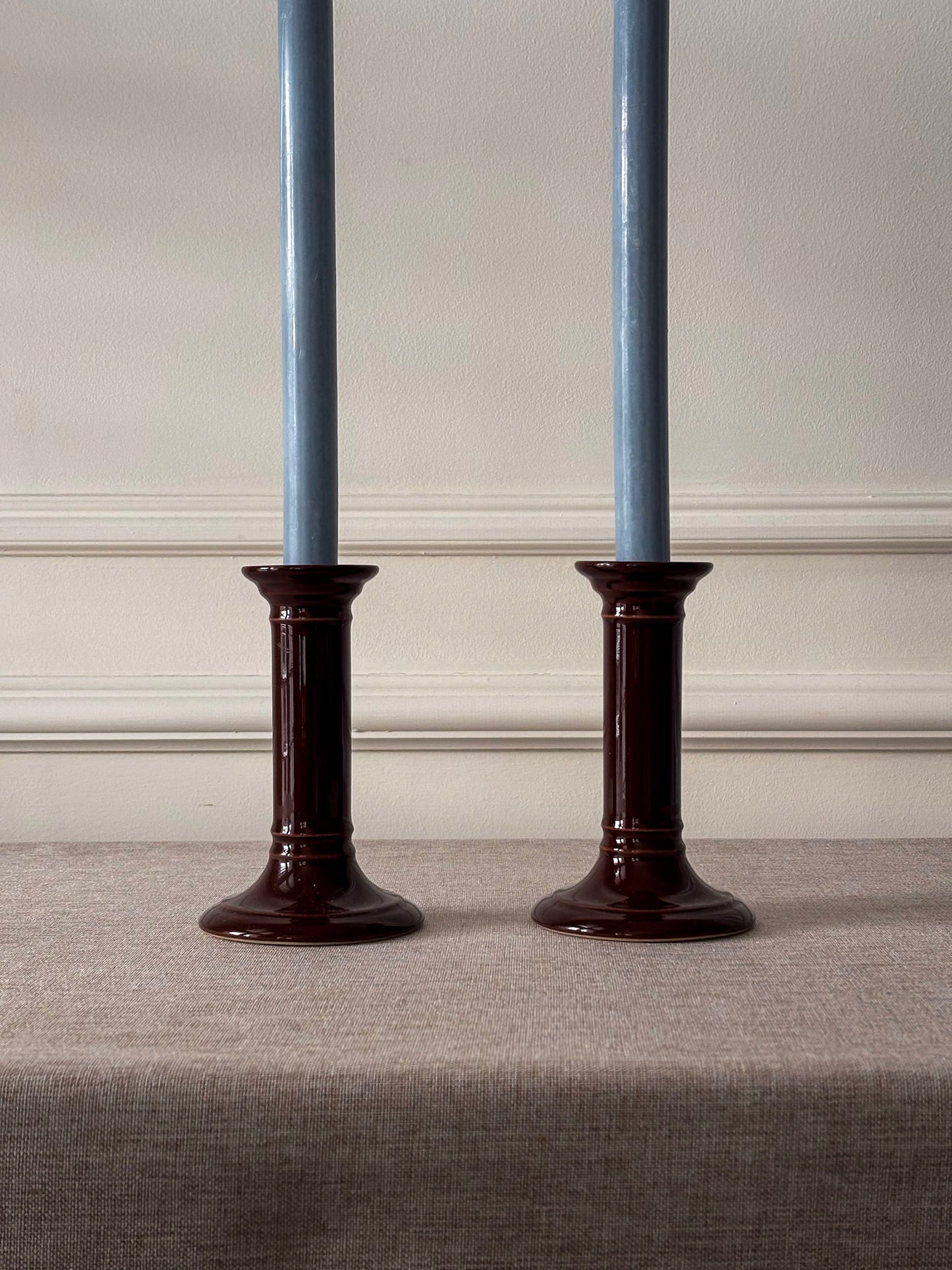 Mid-Century Brown Ceramic Candlestick Holders