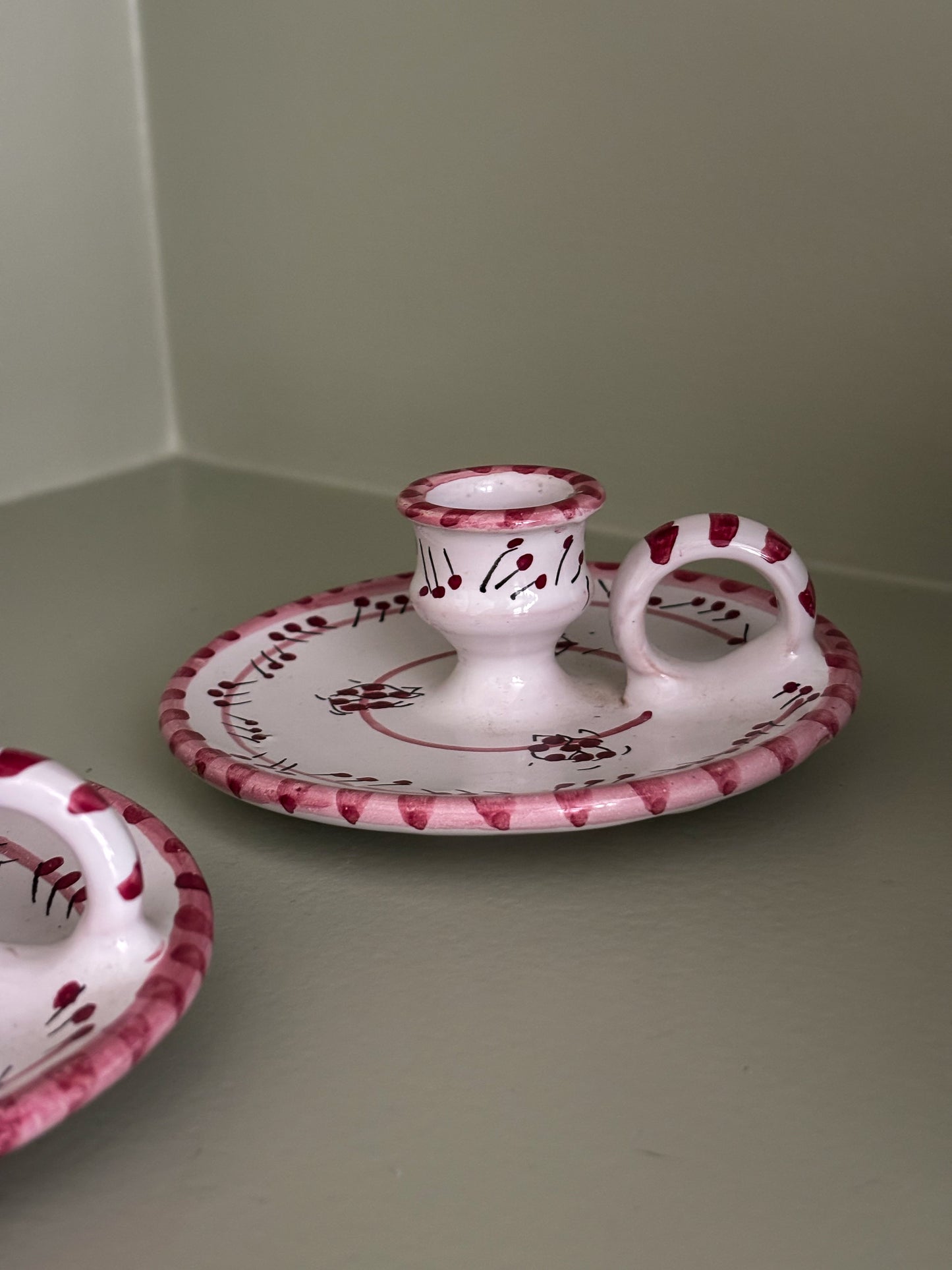 Hand-Painted Italian Pink & White Candlesticks